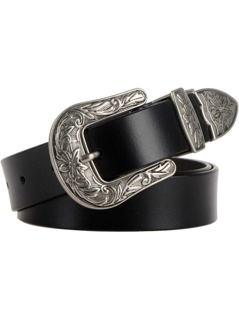 Women's A-black Leather Belts Vintage Western Design Silver Buckle Waist Belt